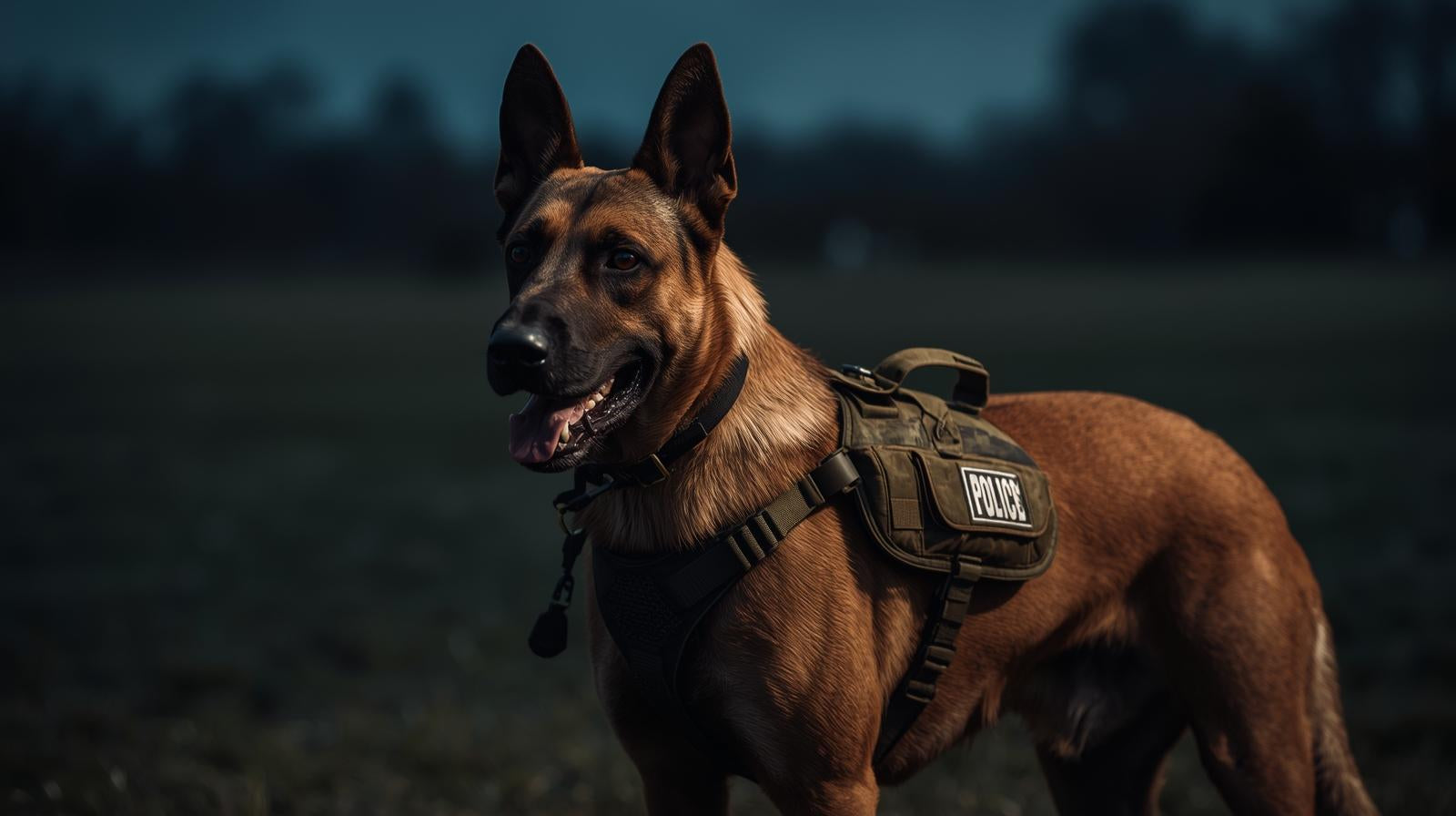 Belgian Malinois weareing tactical K9 harness outdoors